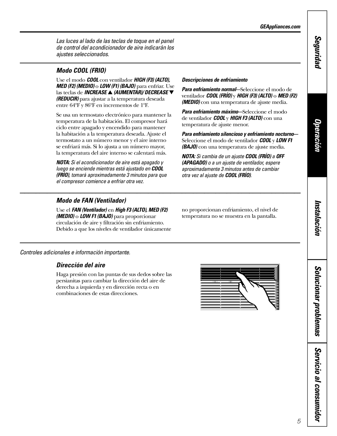 GE AGMO5 Solucionar problemas Servicio al consumidor, Seguridad, Modo Cool Frio, Modo de FAN Ventilador 