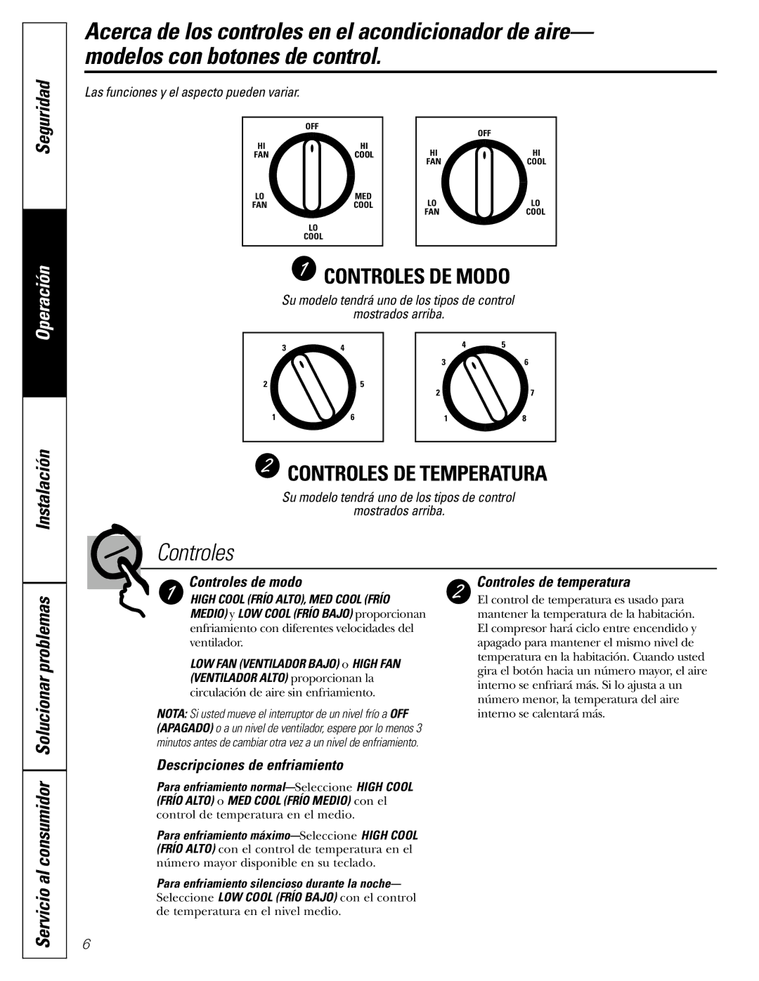 GE AGMO5 Solucionar problemas, Controles de modo, Controles de temperatura, Descripciones de enfriamiento 