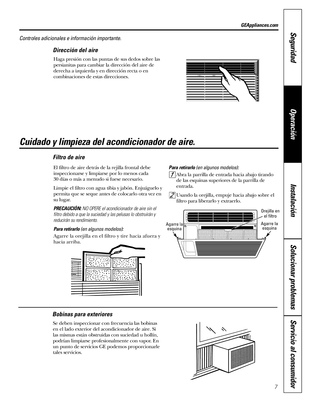 GE AGMO5 installation instructions Cuidado y limpieza del acondicionador de aire, Filtro de aire, Bobinas para exteriores 