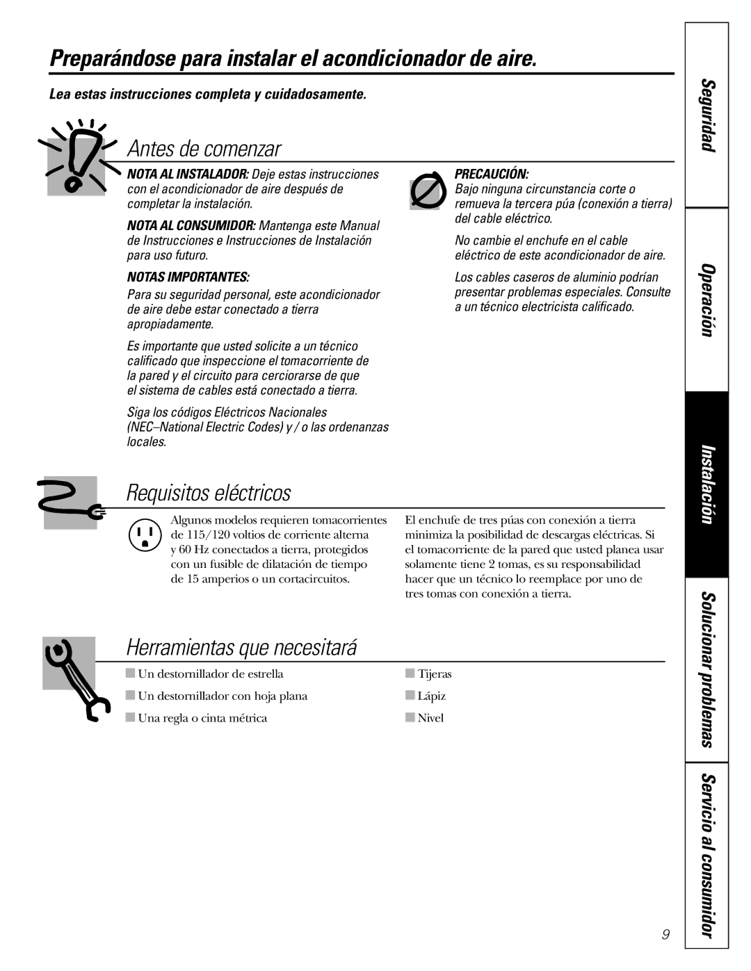 GE AGMO5 installation instructions Preparándose para instalar el acondicionador de aire, Seguridad Operación 