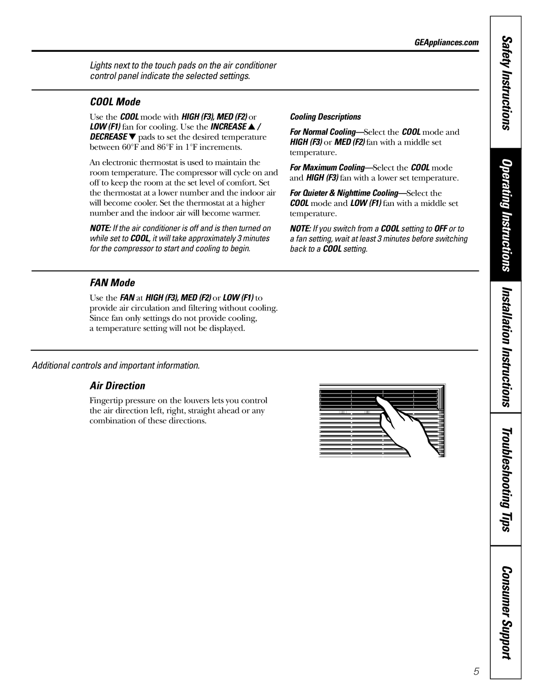 GE AGMO5 installation instructions Safety, Cool Mode, FAN Mode, Air Direction, Cooling Descriptions 