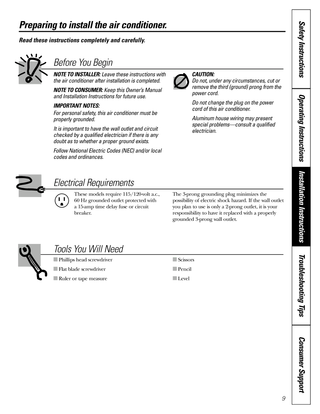 GE AGMO5 installation instructions Preparing to install the air conditioner, Operating Instructions 