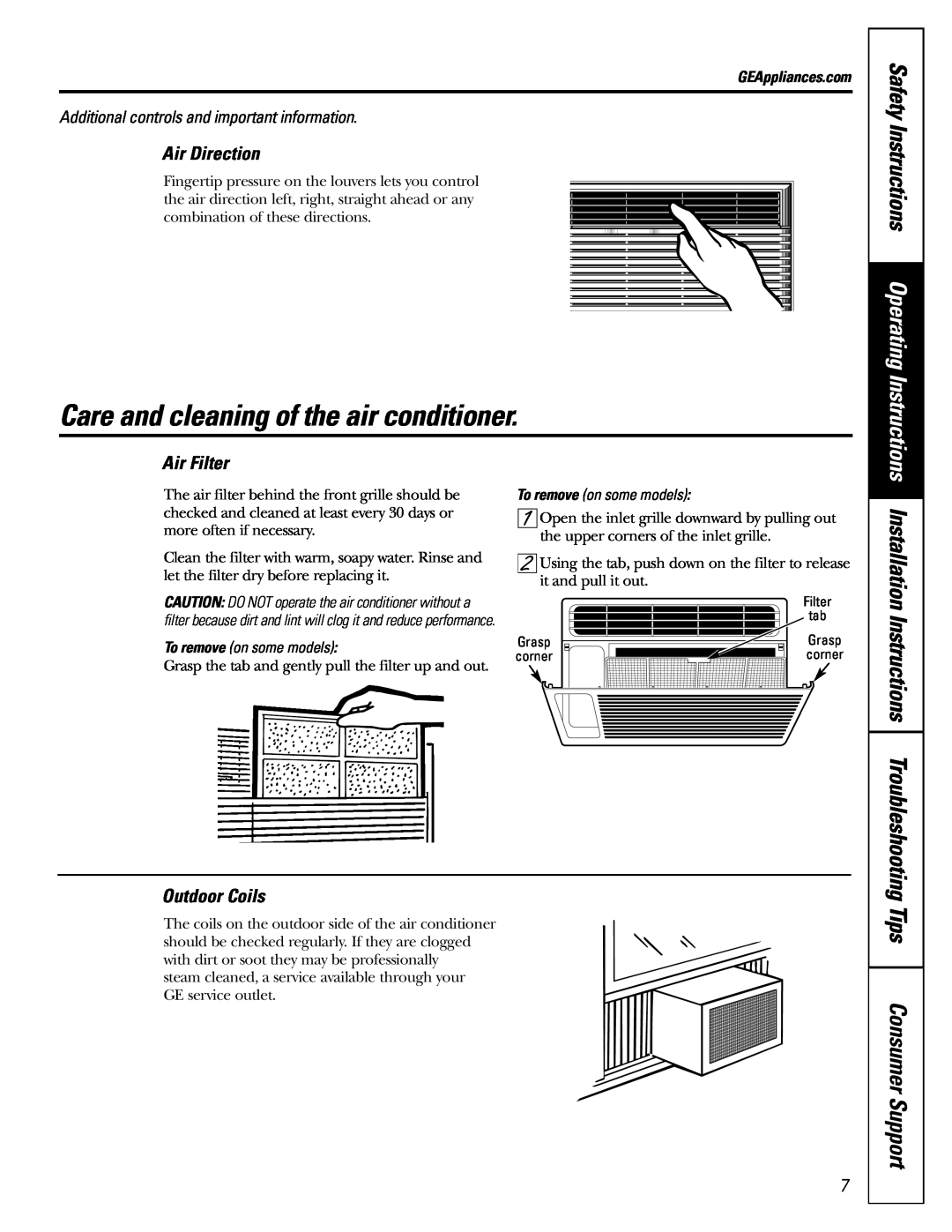 GE AGMO5 Care and cleaning of the air conditioner, Tips Consumer Support, Safety Instructions Operating Instructions 
