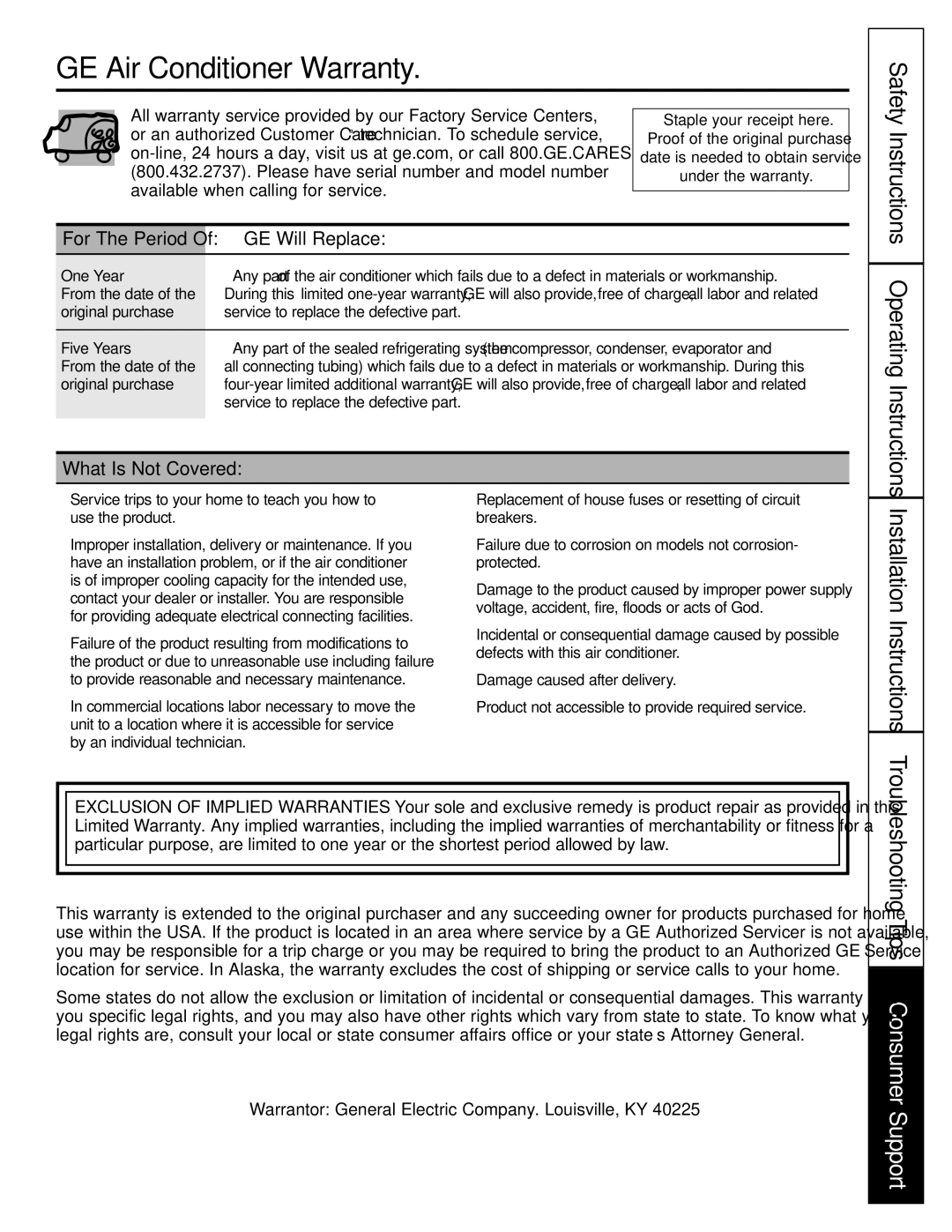 GE AGP07 operating instructions GE Air Conditioner Warranty, GE Will Replace, What Is Not Covered 