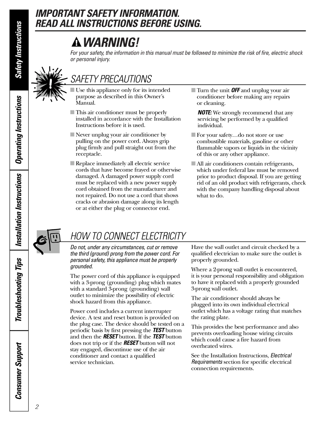 GE AGP07 operating instructions Safety Precautions, Consumer Support Troubleshooting Tips 