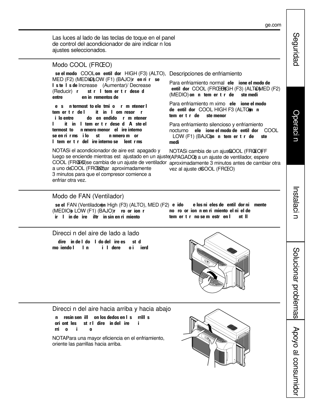 GE AGP07 Modo Cool Frío, Modo de FAN Ventilador, Dirección del aire-de lado a lado, Descripciones de enfriamiento 