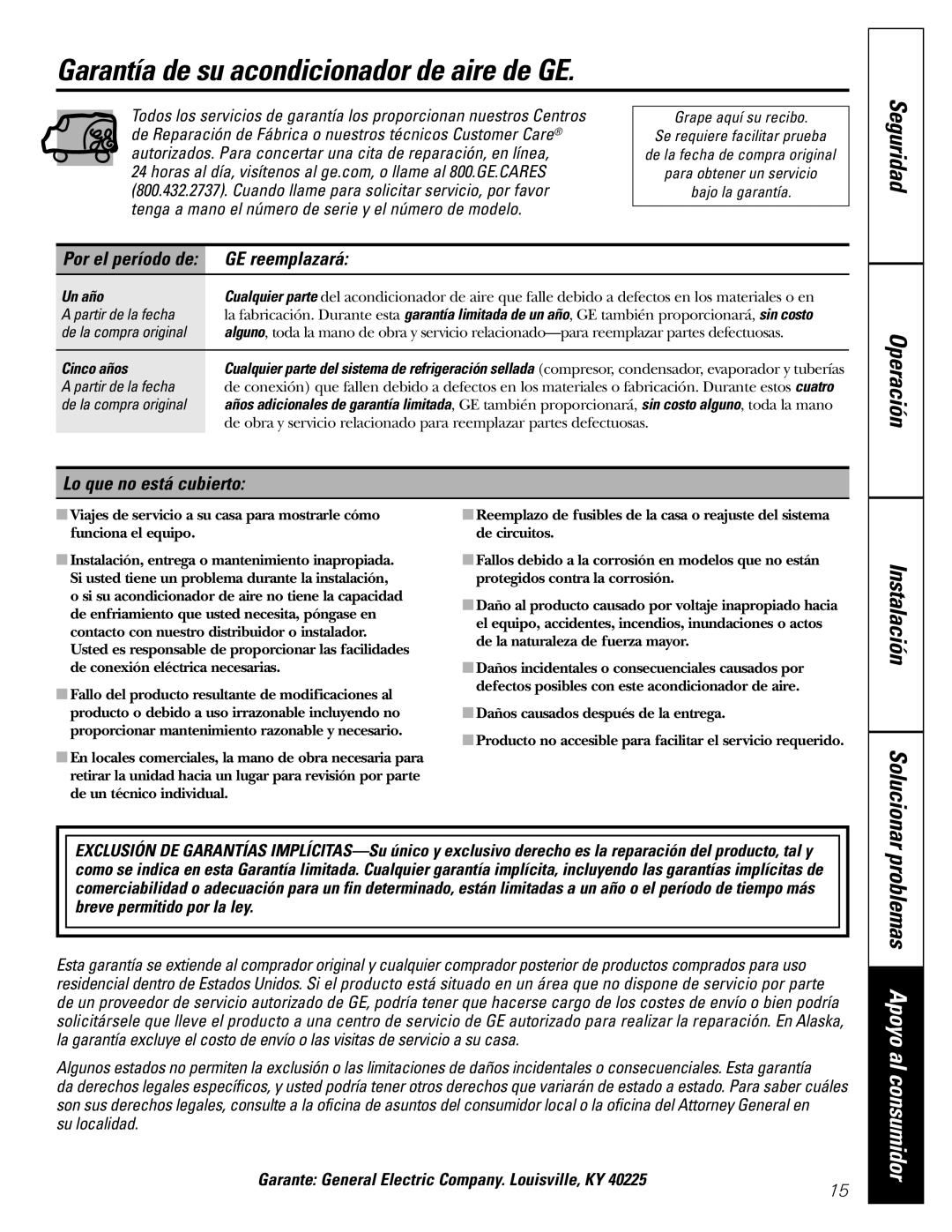 GE AGP07 Garantía de su acondicionador de aire de GE, Seguridad Operación, GE reemplazará, Lo que no está cubierto 