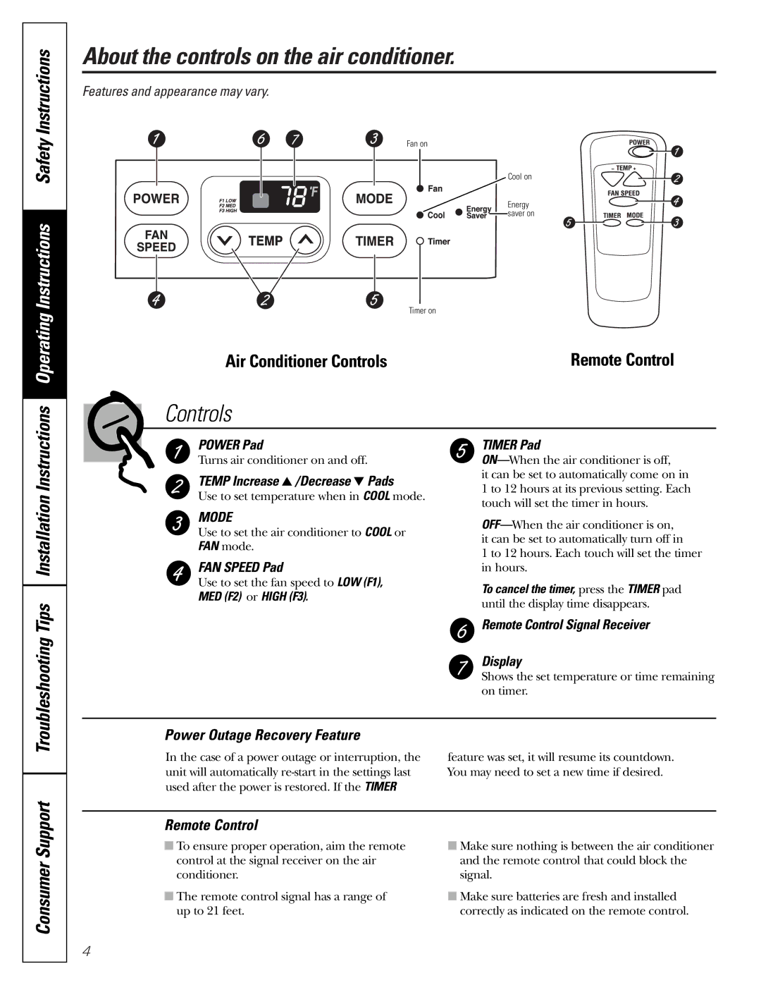 GE AGP07 About the controls on the air conditioner, Instructions Operating Instructions Safety Instructions 