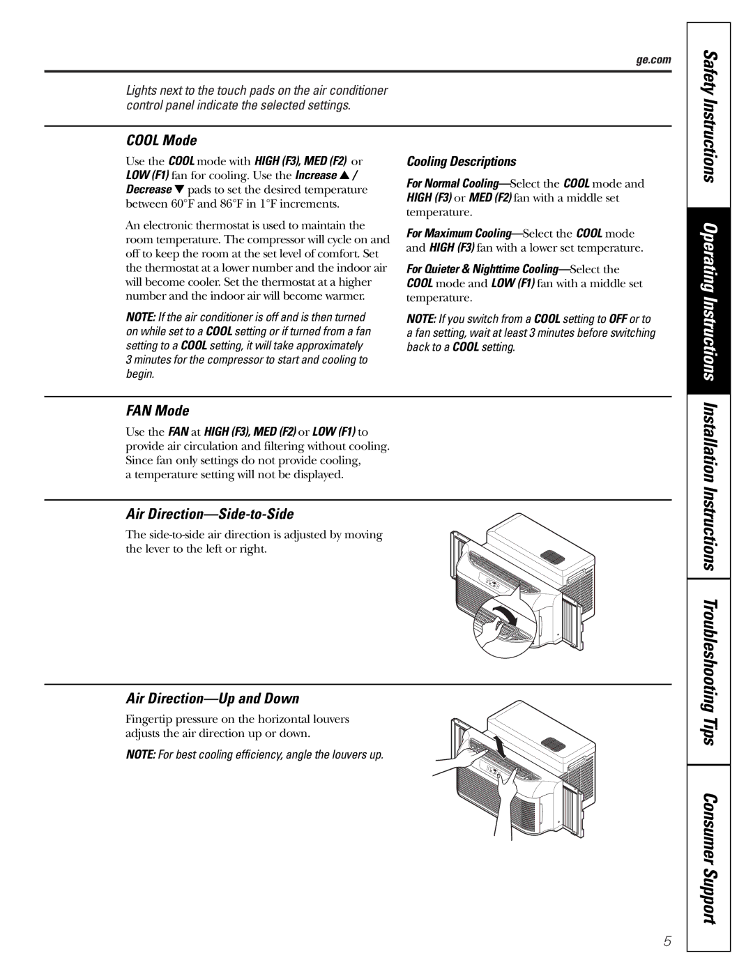 GE AGP07 operating instructions Safety, Cool Mode, FAN Mode, Air Direction-Side-to-Side, Air Direction-Up and Down 