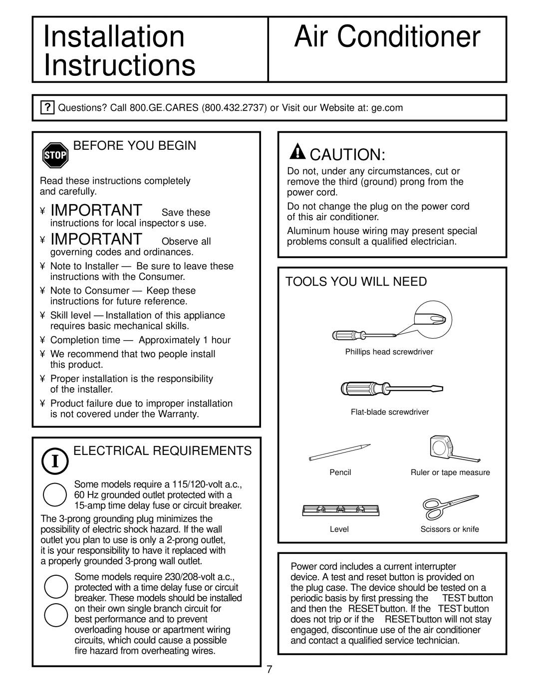 GE AGP07 operating instructions Before YOU Begin, Electrical Requirements, Tools YOU will Need 