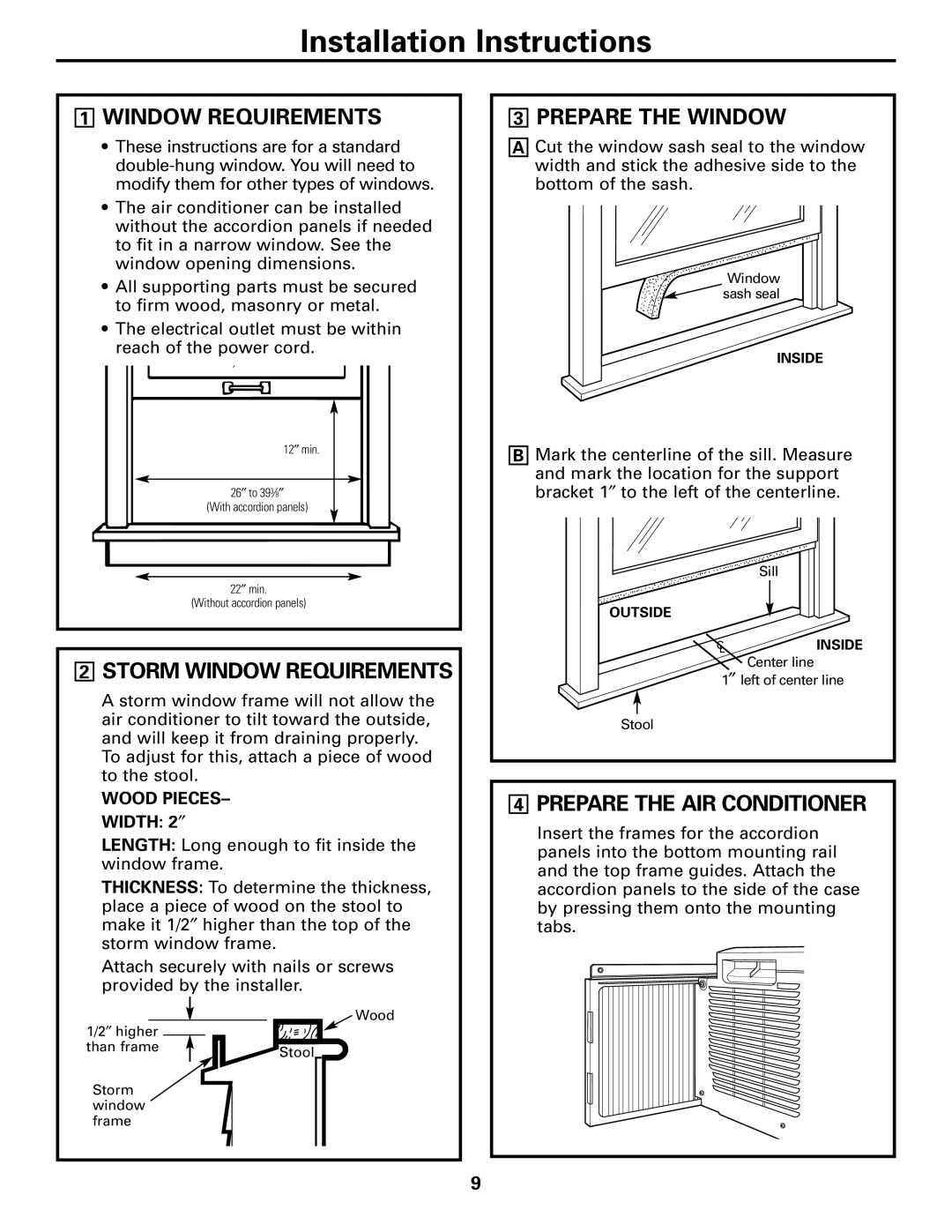 GE AGP07 operating instructions Storm Window Requirements, Prepare the Window, Prepare the AIR Conditioner 