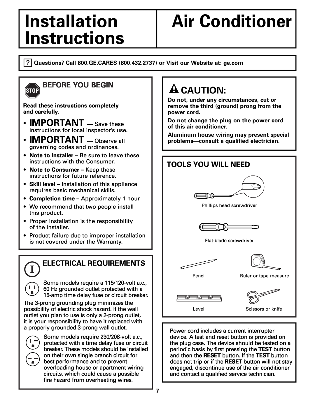 GE AGP07 Installation Instructions, Air Conditioner, •IMPORTANT — Save these, Before You Begin, Electrical Requirements 