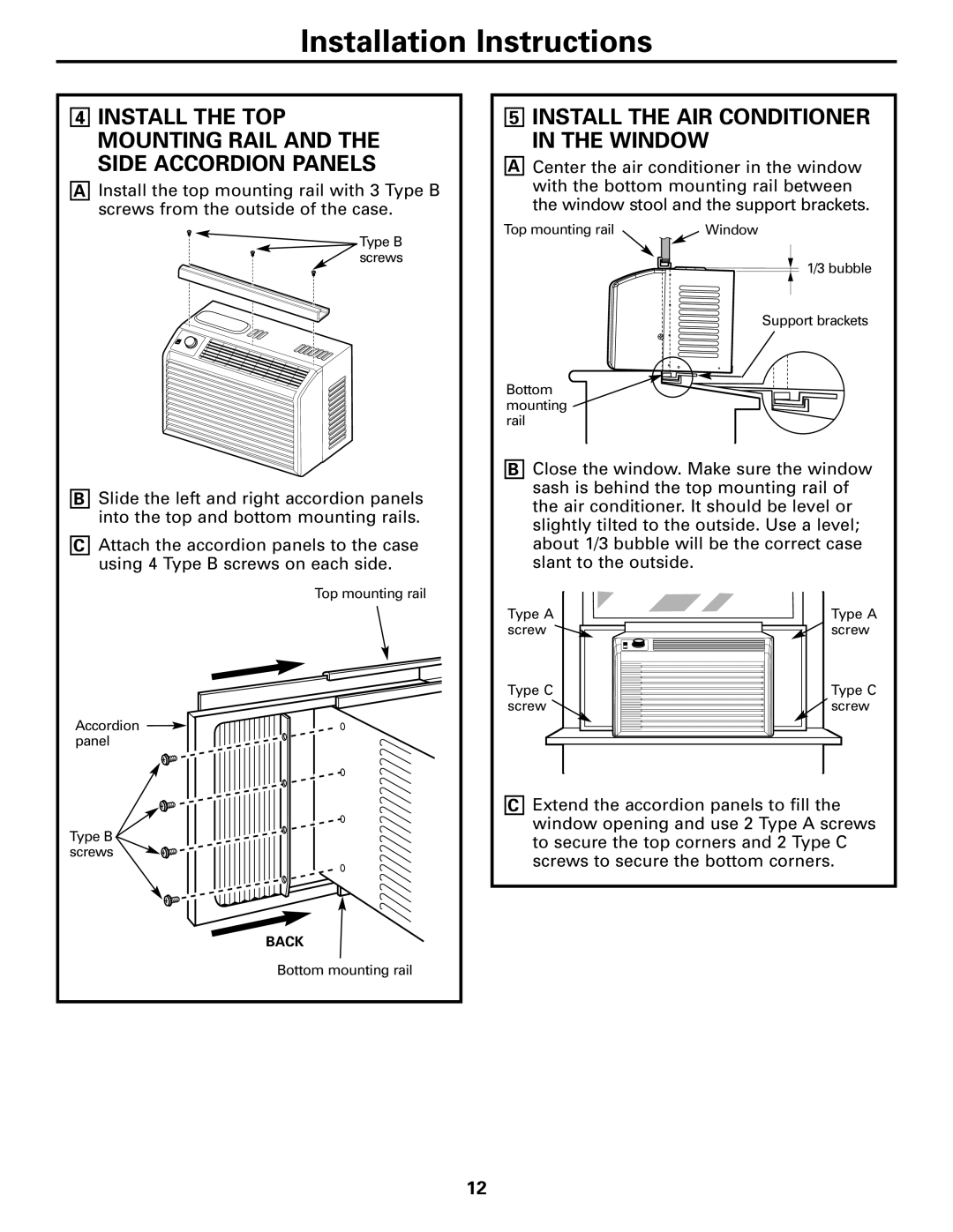 GE AGQ05, AGV05 Install the AIR Conditioner in the Window, Install the TOP Mounting Rail and the Side Accordion Panels 