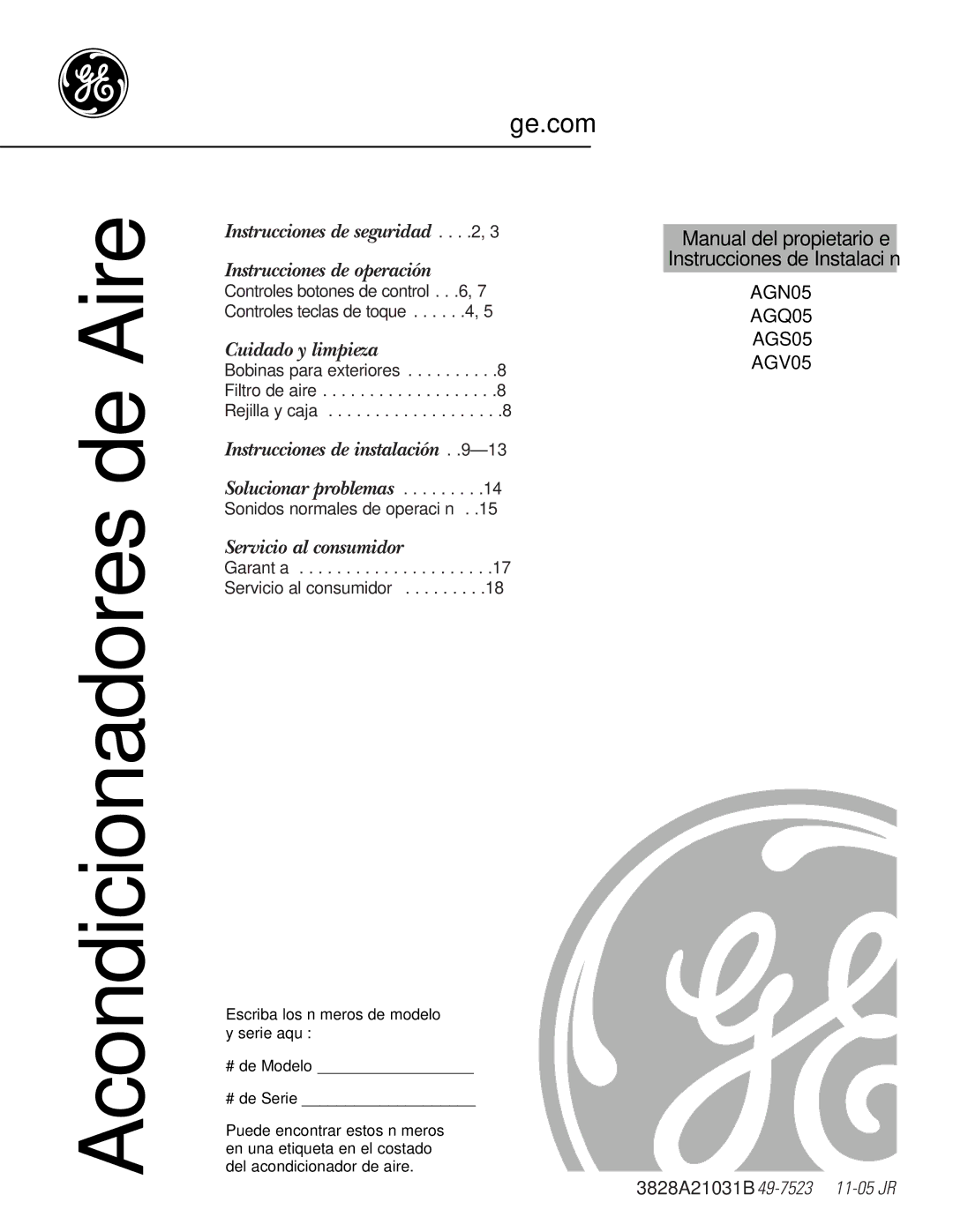 GE AGN05, AGQ05, AGV05, AGS05 owner manual Acondicionadores de Aire, Manual del propietario e Instrucciones de Instalación 