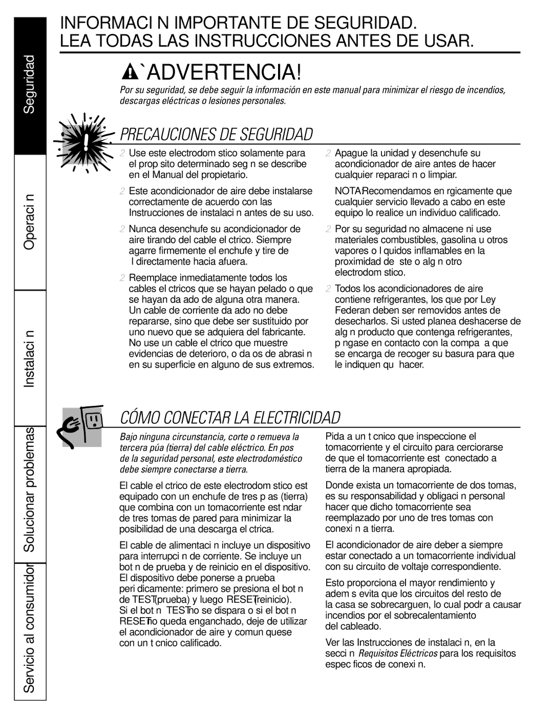 GE AGQ05, AGV05, AGS05, AGN05 owner manual Operación Instalación, Servicio al consumidor Solucionar problemas 