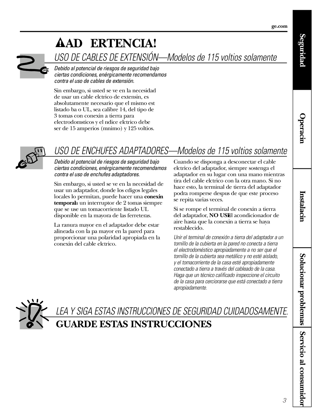 GE AGV05, AGQ05, AGS05, AGN05 owner manual Operación, USO DE Cables DE EXTENSIÓN-Modelos de 115 voltios solamente 