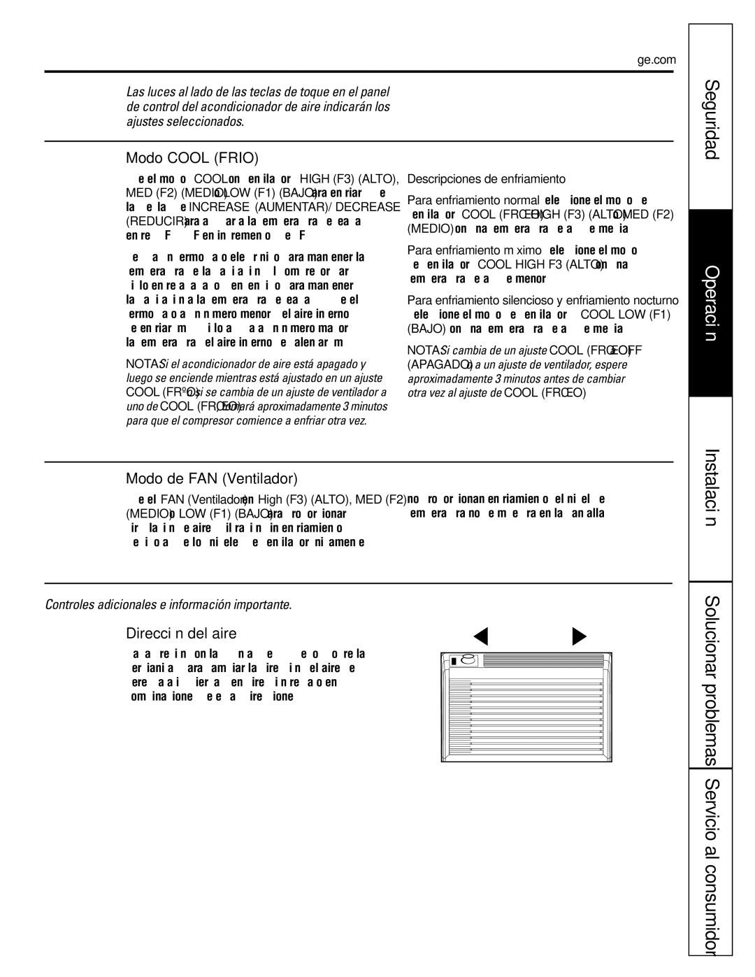 GE AGN05, AGQ05, AGV05, AGS05 owner manual Seguridad, Modo Cool Frio, Modo de FAN Ventilador, Dirección del aire 