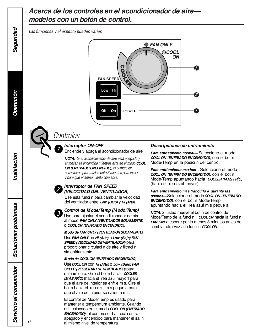 GE AGQ05, AGV05, AGS05 Interruptor ON/OFF, Descripciones de enfriamiento, Interruptor de FAN Speed Velocidad DEL Ventilador 