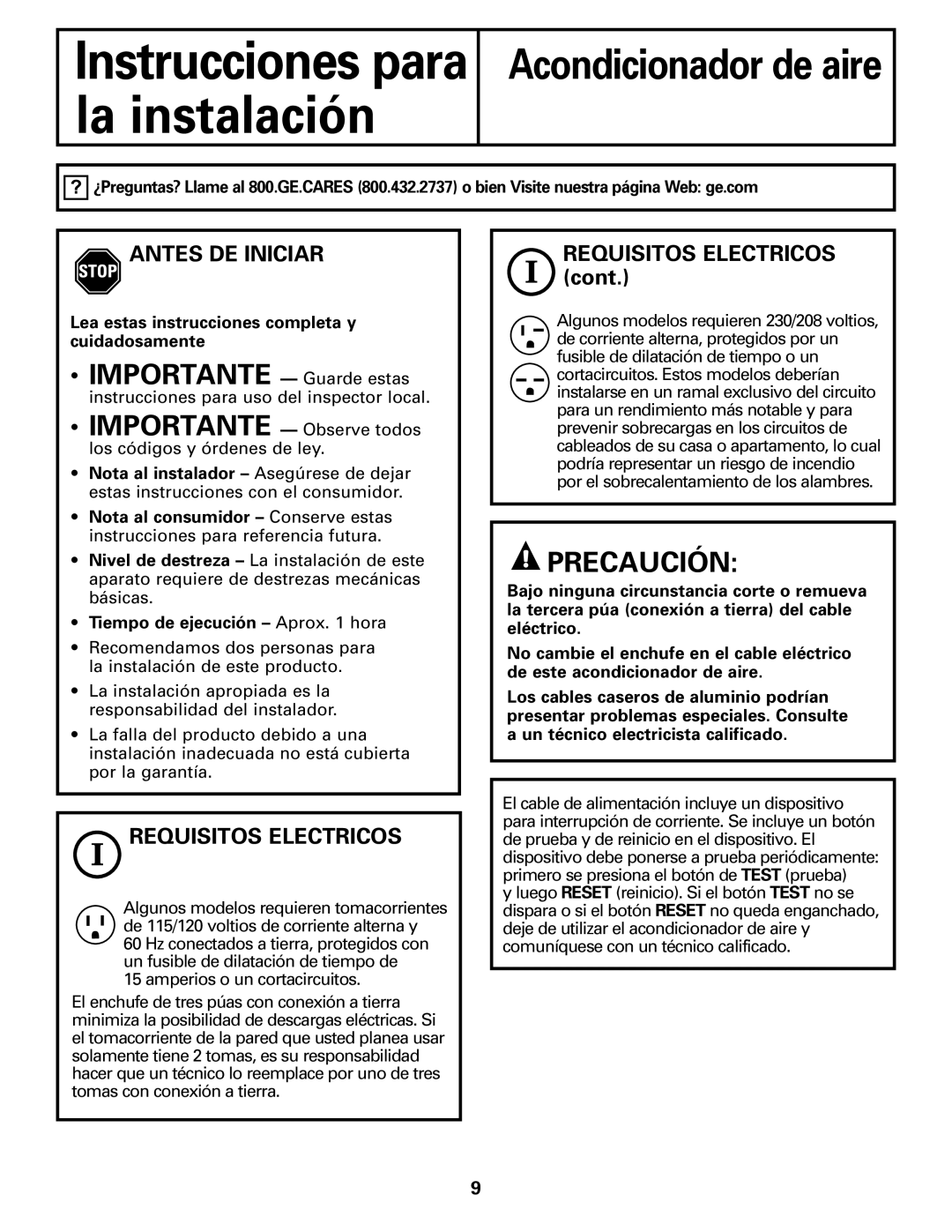 GE AGN05, AGQ05, AGV05, AGS05 owner manual Antes DE Iniciar, Requisitos Electricos 