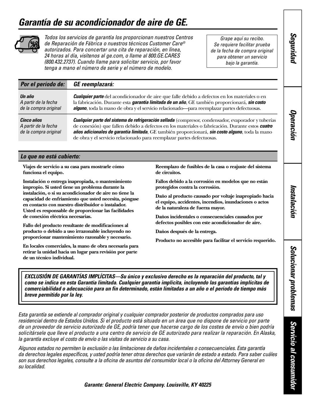 GE AGN05, AGQ05 Garantía de su acondicionador de aire de GE, Seguridad Operación, GE reemplazará, Lo que no está cubierto 