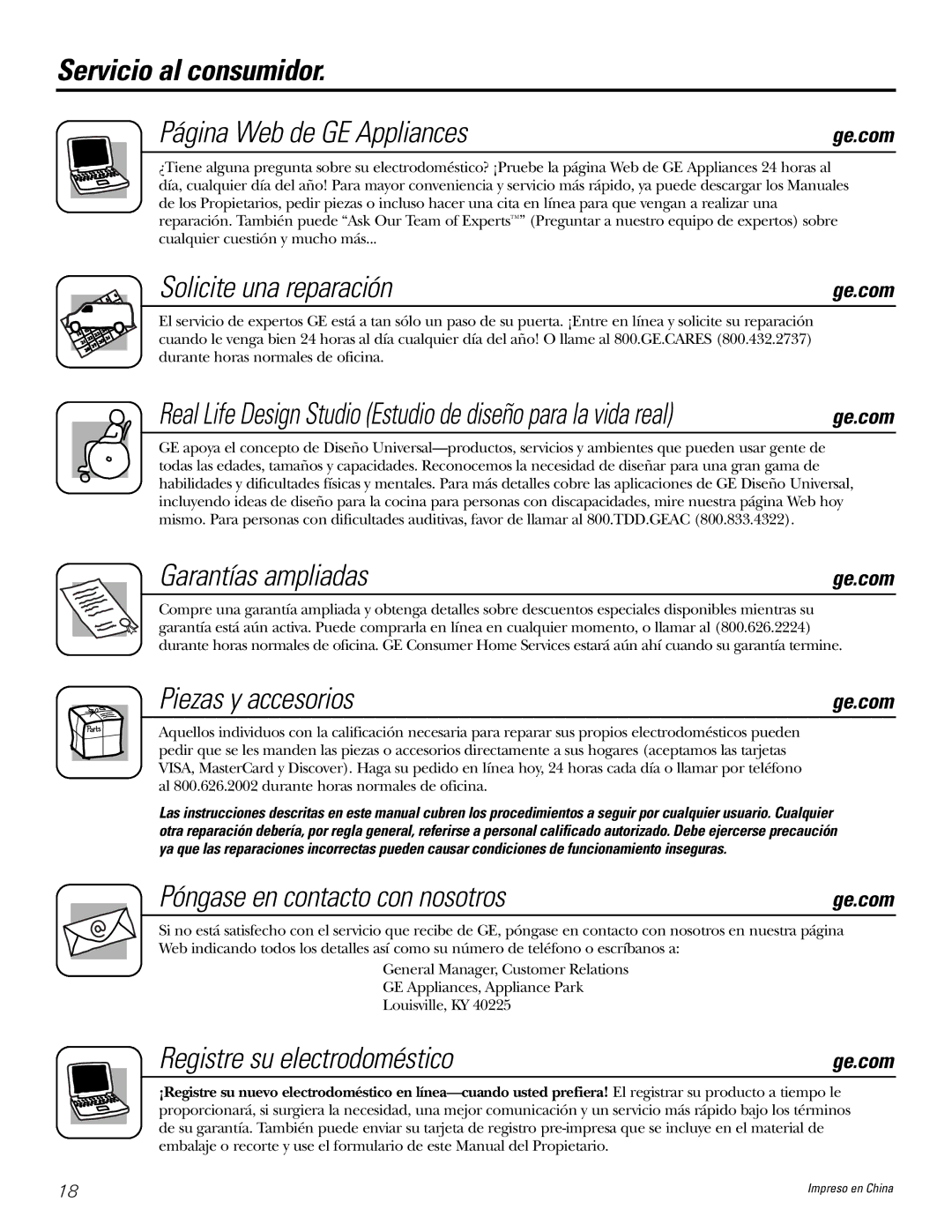 GE AGQ05, AGV05, AGS05 Servicio al consumidor Página Web de GE Appliances, Solicite una reparación, Garantías ampliadas 