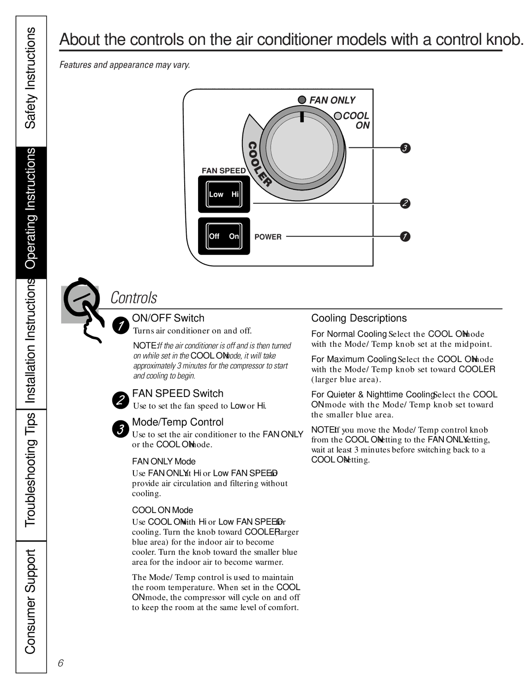 GE AGS05, AGQ05, AGV05, AGN05 owner manual ON/OFF Switch, FAN Speed Switch, Mode/Temp Control, Cooling Descriptions 