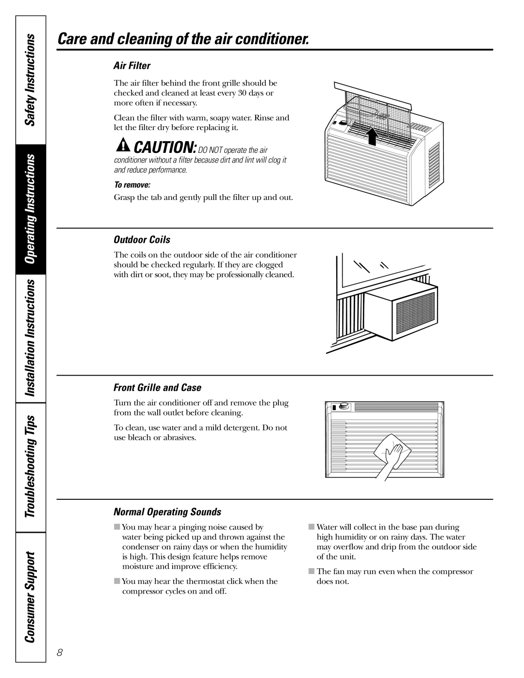 GE AGQ05, AGV05, AGS05, AGN05 owner manual Care and cleaning of the air conditioner, Consumer Support 