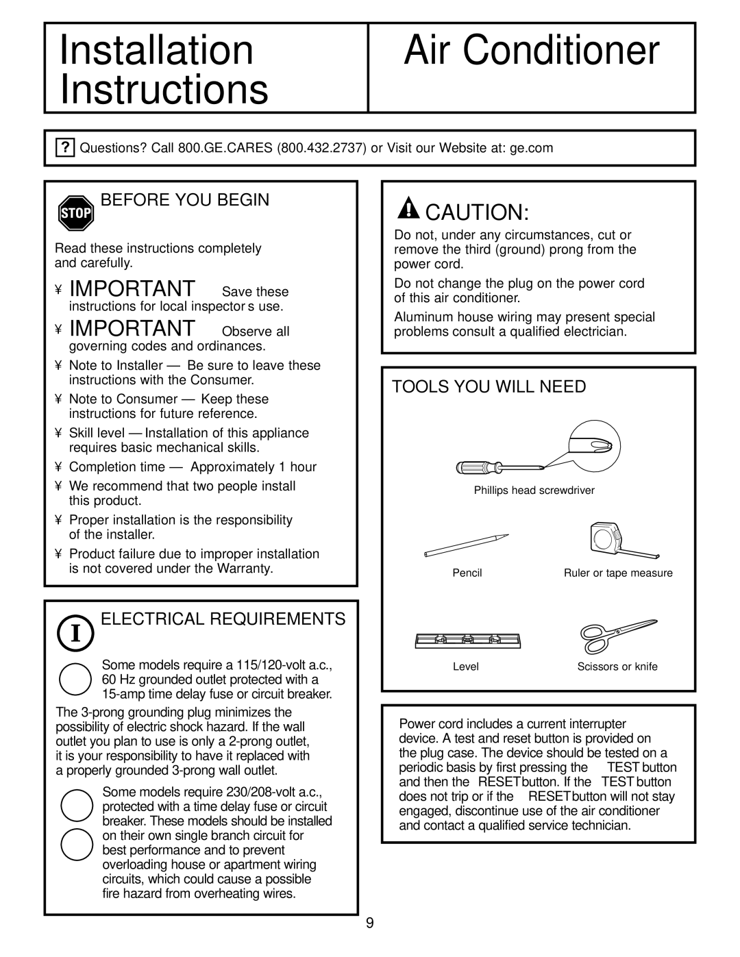 GE AGV05, AGQ05, AGS05, AGN05 owner manual Before YOU Begin, Electrical Requirements, Tools YOU will Need 