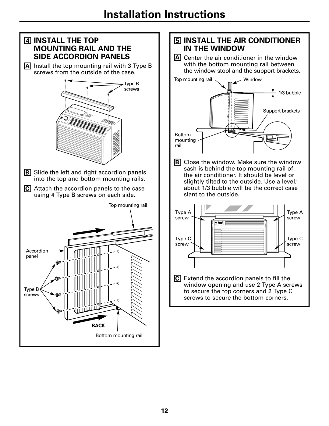 GE AGQ05, AGV05, AGS05, AGN05 owner manual 5INSTALL THE AIR CONDITIONER IN THE WINDOW, Installation Instructions, Back 