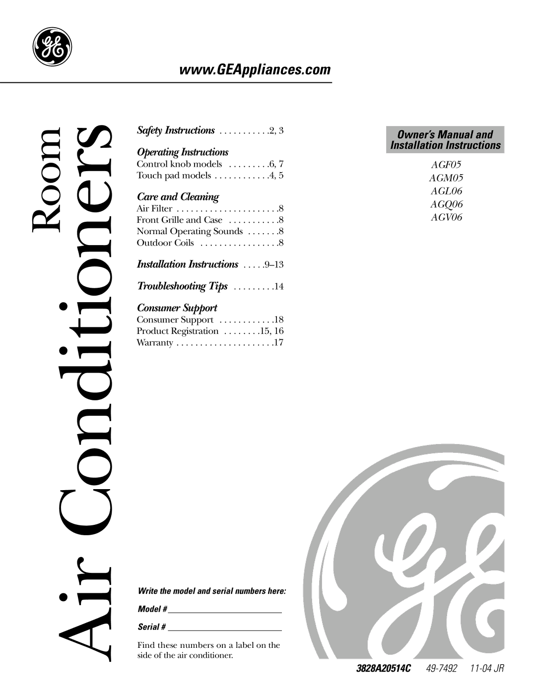 GE AGV06, AGQ06, AGL06 installation instructions Air Conditioners, 3828A20514C 