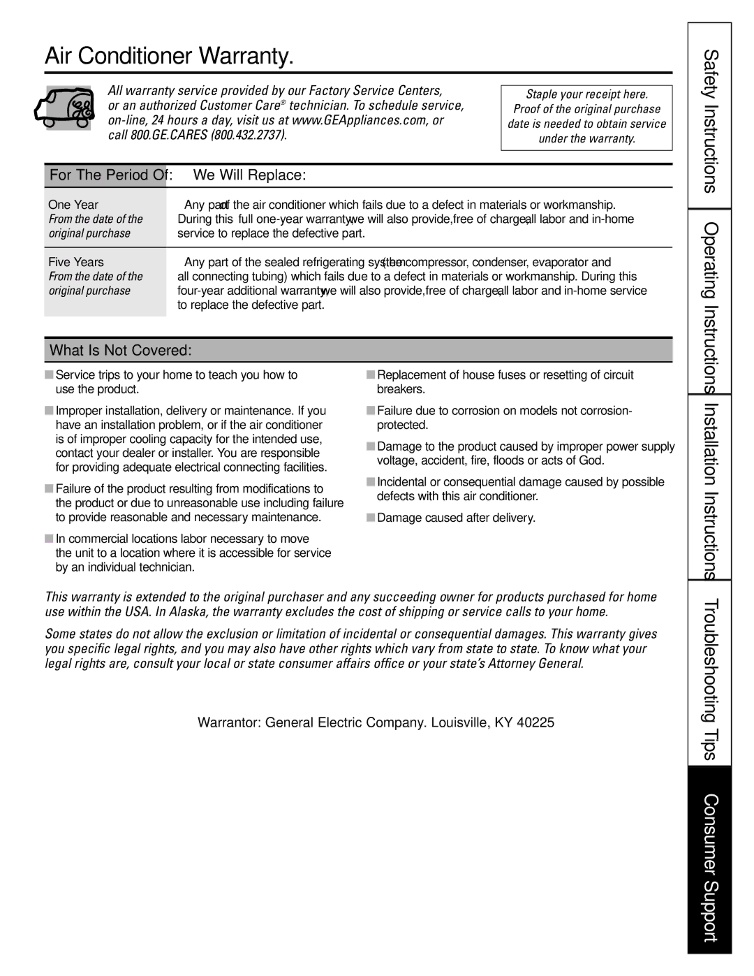 GE AGL06, AGQ06 Air Conditioner Warranty, Troubleshooting Tips Consumer Support, We Will Replace, What Is Not Covered 