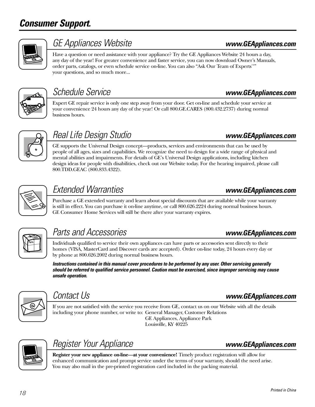 GE AGQ06, AGV06 Consumer Support GE Appliances Website, Schedule Service, Real Life Design Studio, Extended Warranties 