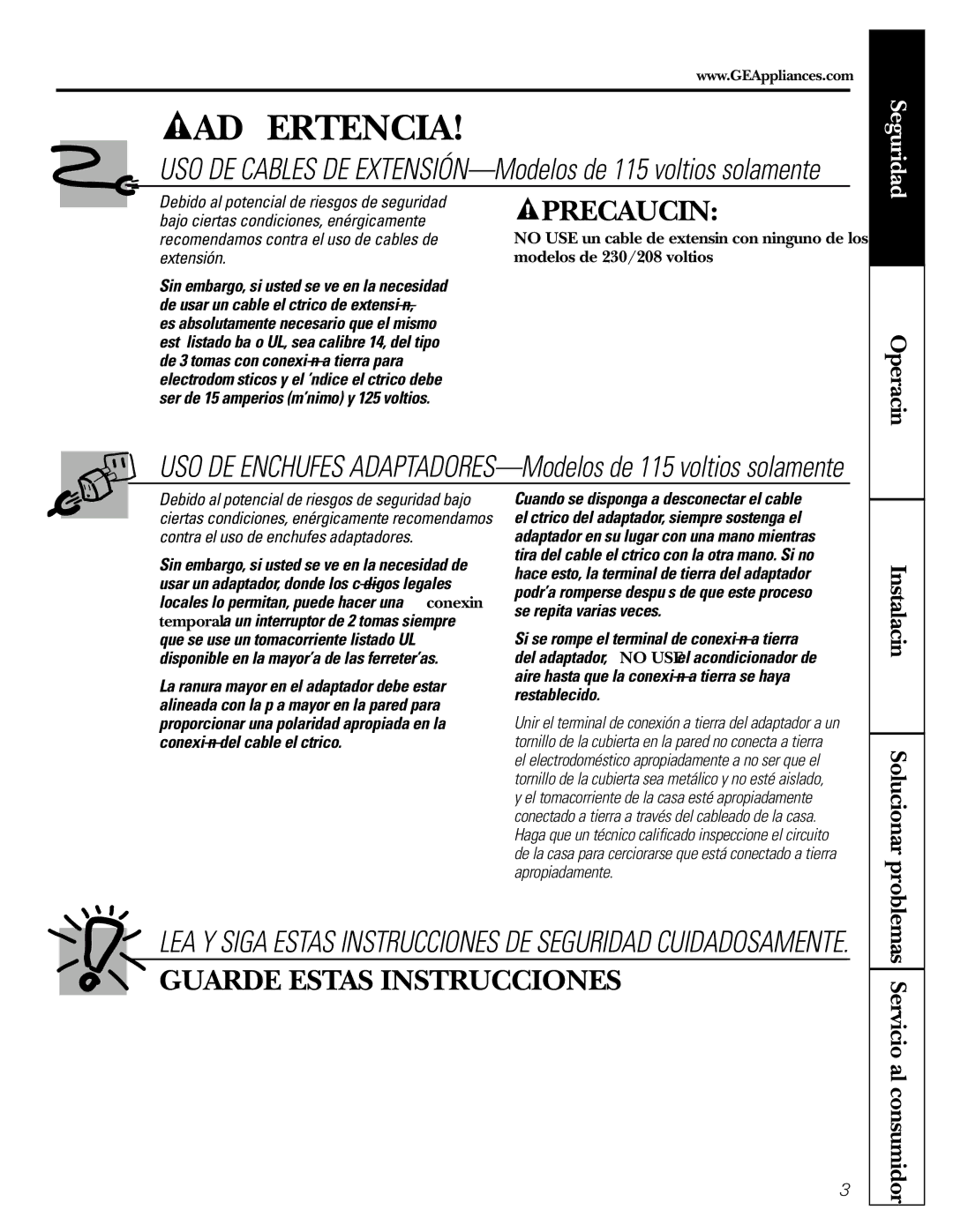 GE AGQ06, AGV06, AGL06 installation instructions Operación, USO DE Cables DE EXTENSIÓN-Modelos de 115 voltios solamente 