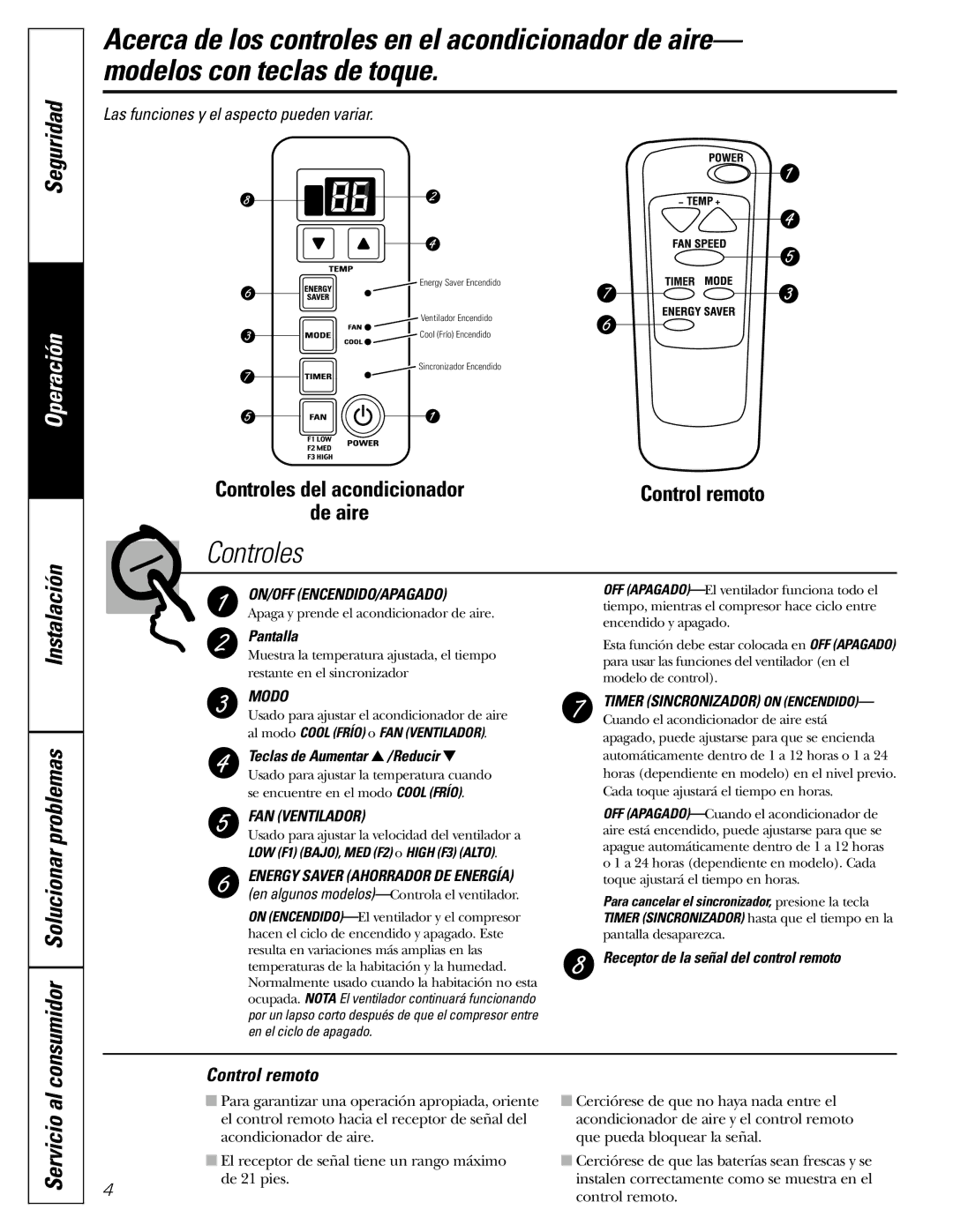 GE AGV06, AGQ06, AGL06 installation instructions Seguridad, Consumidor Solucionar problemas, Control remoto 