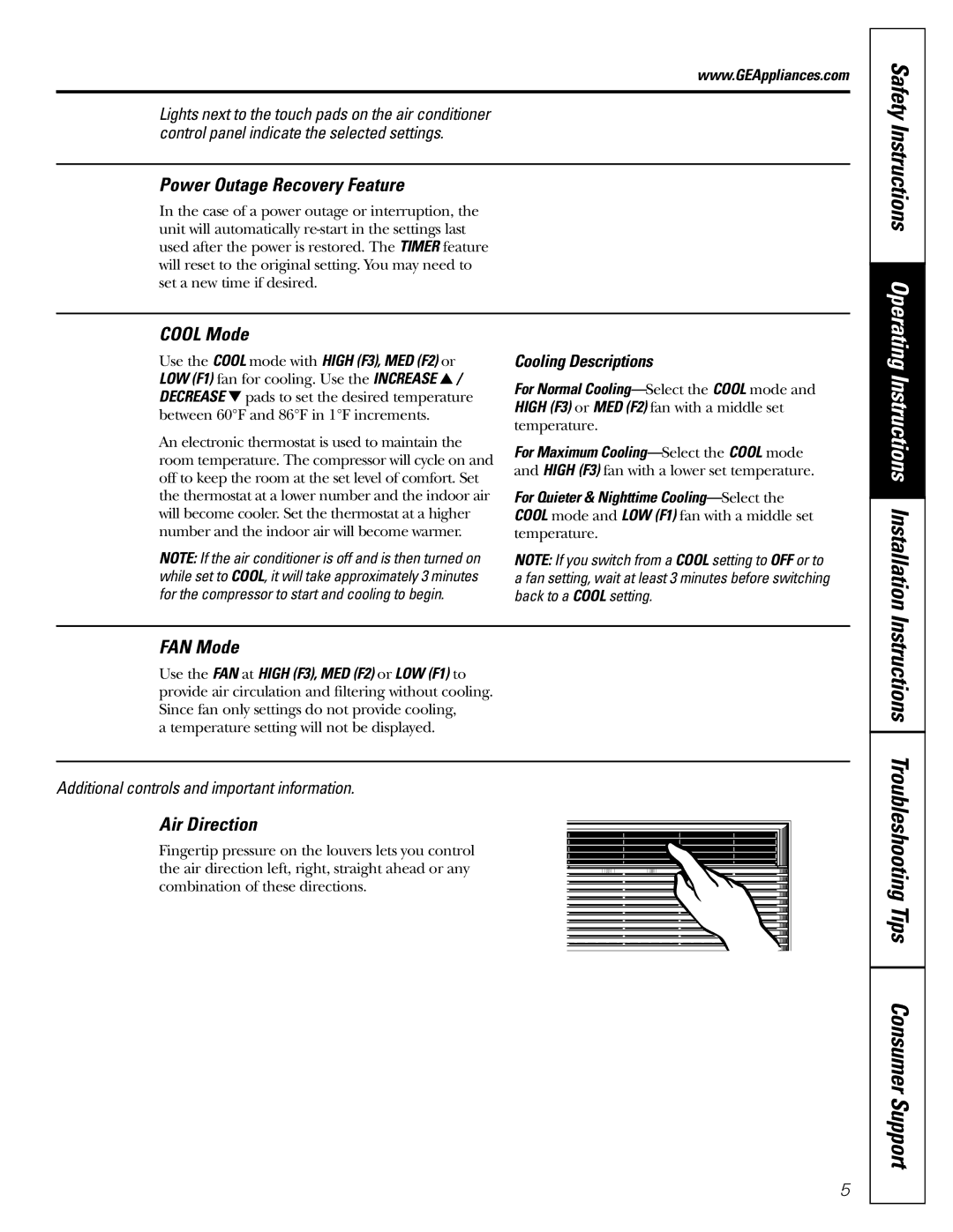 GE AGL06, AGQ06, AGV06 installation instructions Power Outage Recovery Feature, Cool Mode, FAN Mode, Air Direction 