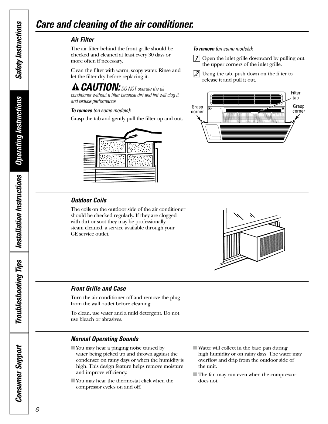 GE AGL06, AGQ06, AGV06 Care and cleaning of the air conditioner, Air Filter, Normal Operating Sounds 