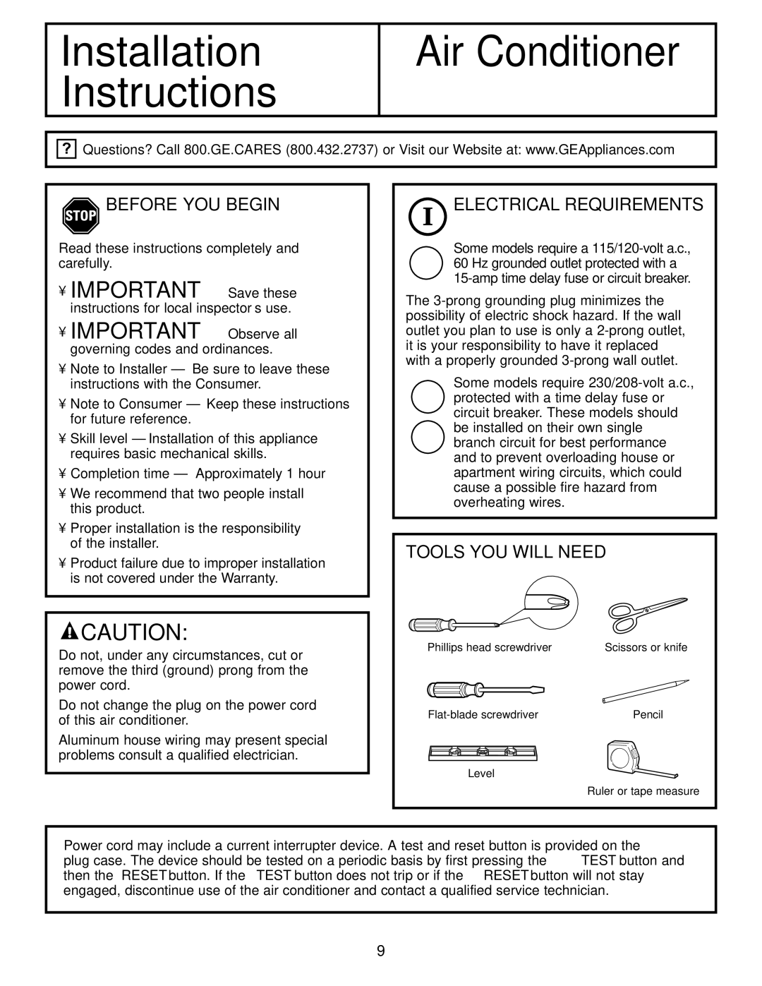 GE AGQ06, AGV06, AGL06 installation instructions Before YOU Begin, Electrical Requirements, Tools YOU will Need 