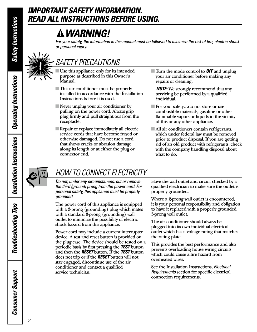 GE AGL06 Important Safety Information, Read All Instructions Before Using, Safety Precautions, How To Connect Electricity 