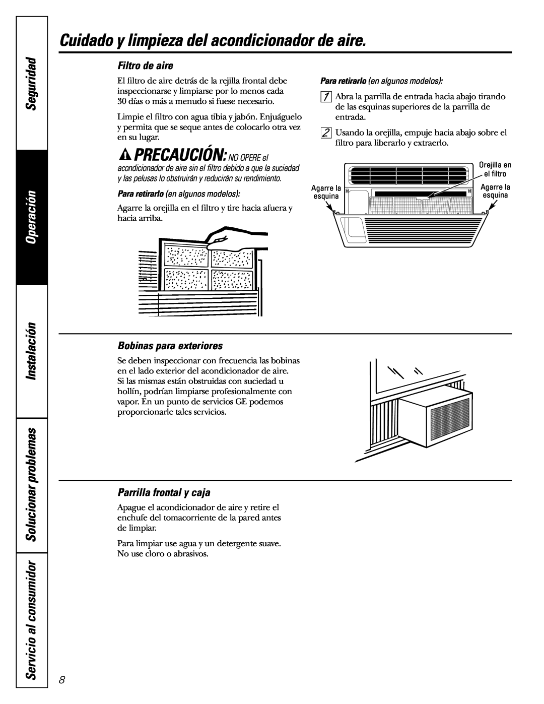 GE AGL06 Cuidado y limpieza del acondicionador de aire, PRECAUCIÓN: NO OPERE el, Seguridad, Filtro de aire, Operación 