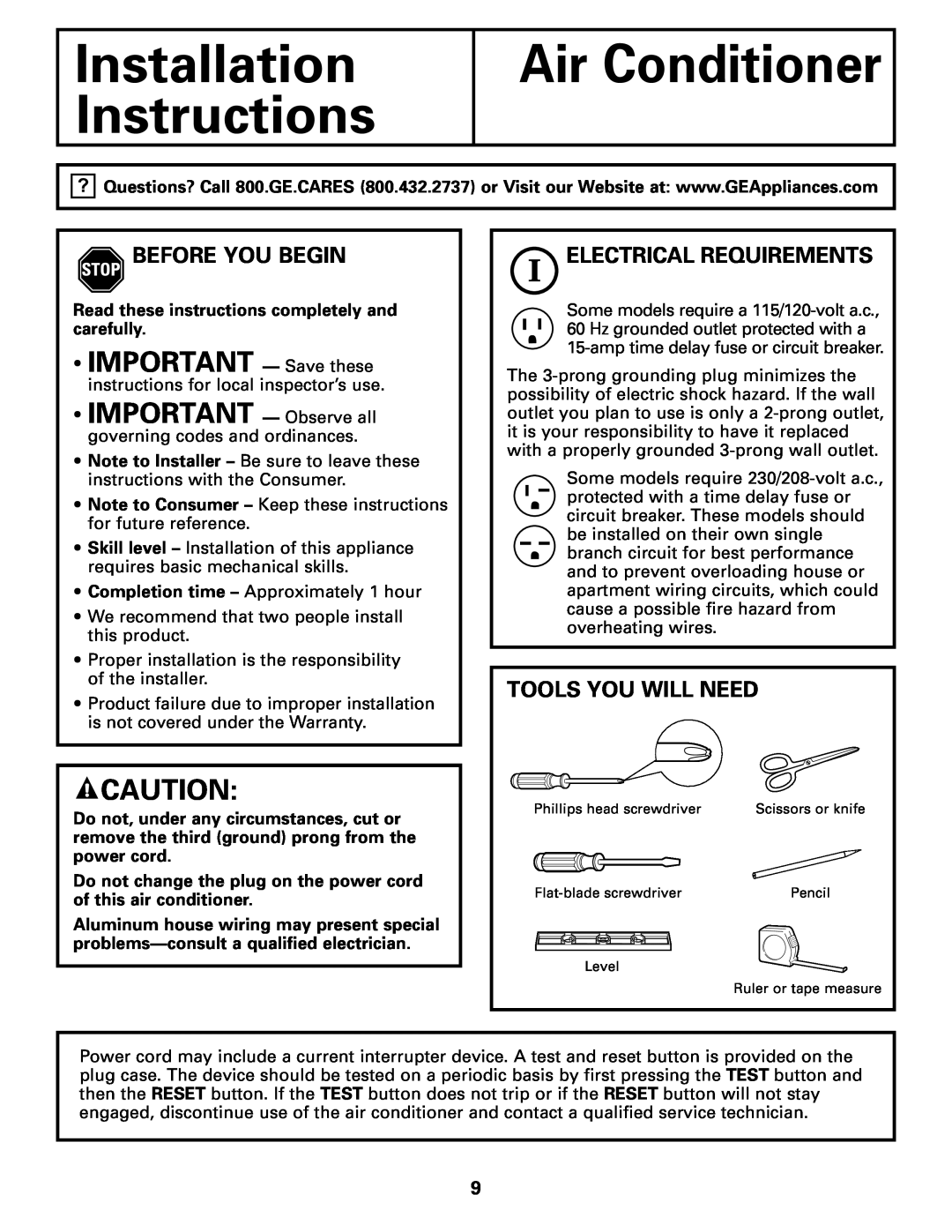 GE AGQ06 Installation Instructions, Air Conditioner, •IMPORTANT — Save these, Before You Begin, Electrical Requirements 
