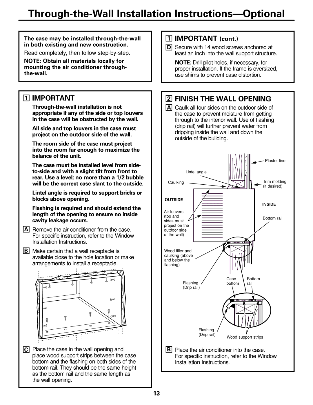 GE AGQ12DK installation instructions Through-the-Wall Installation Instructions-Optional, Finish the Wall Opening 