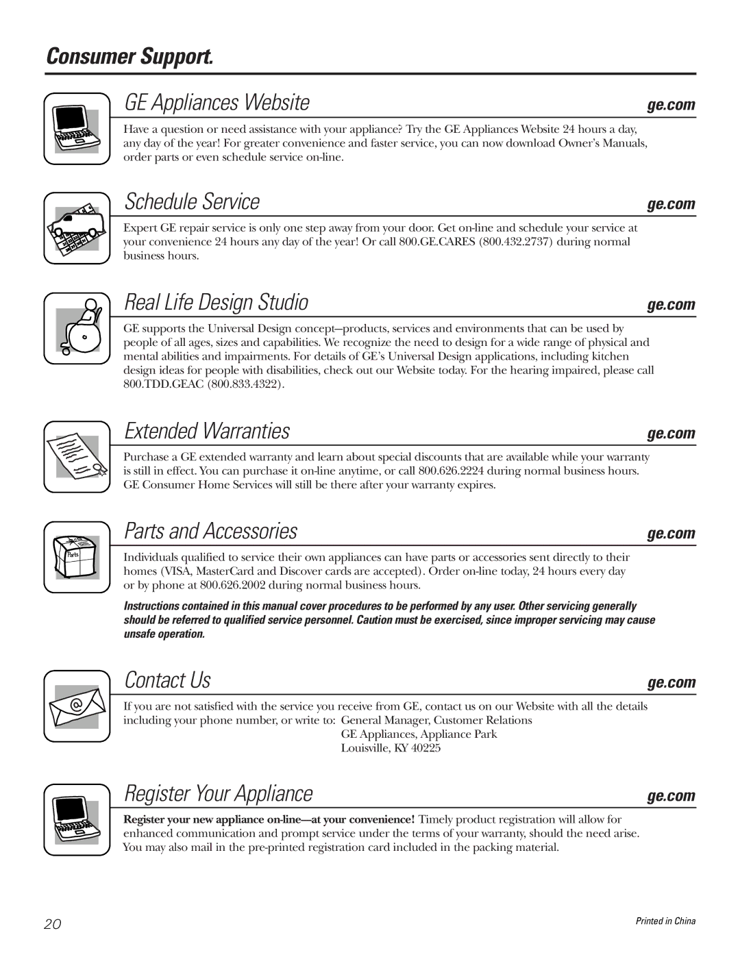 GE AGQ12DK Consumer Support GE Appliances Website, Schedule Service, Extended Warranties, Parts and Accessories 