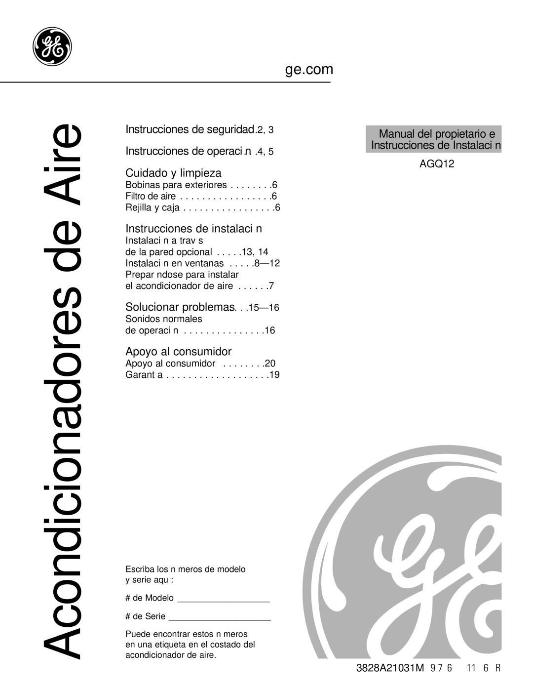 GE AGQ12DK installation instructions Acondicionadores de Aire 