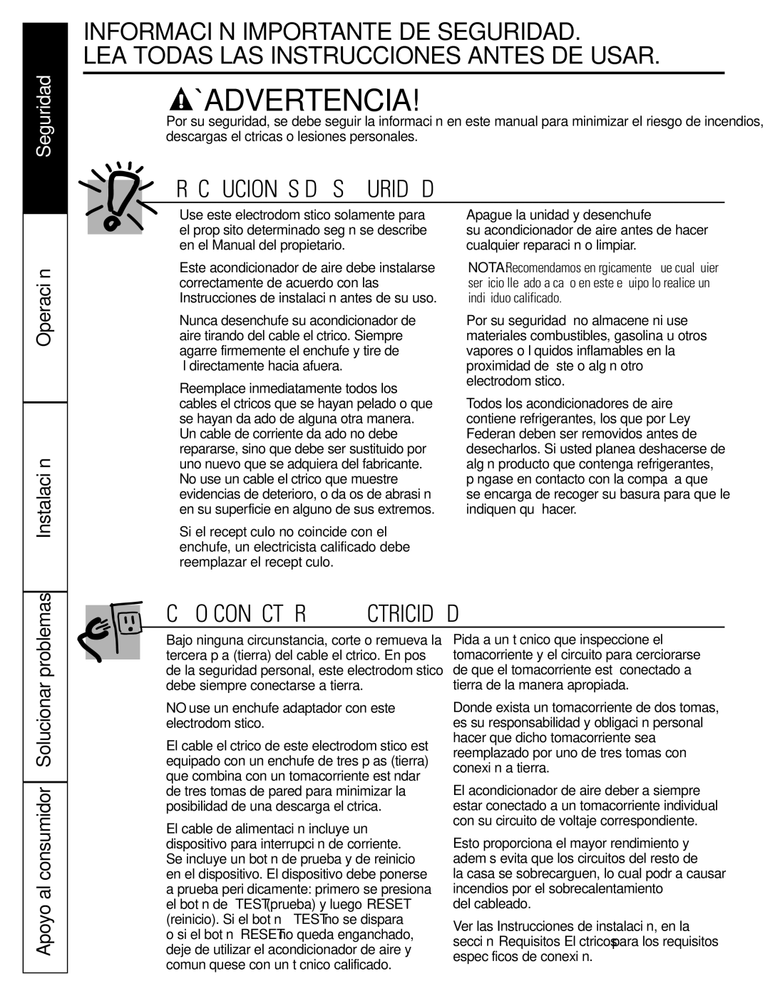 GE AGQ12DK installation instructions Seguridad 