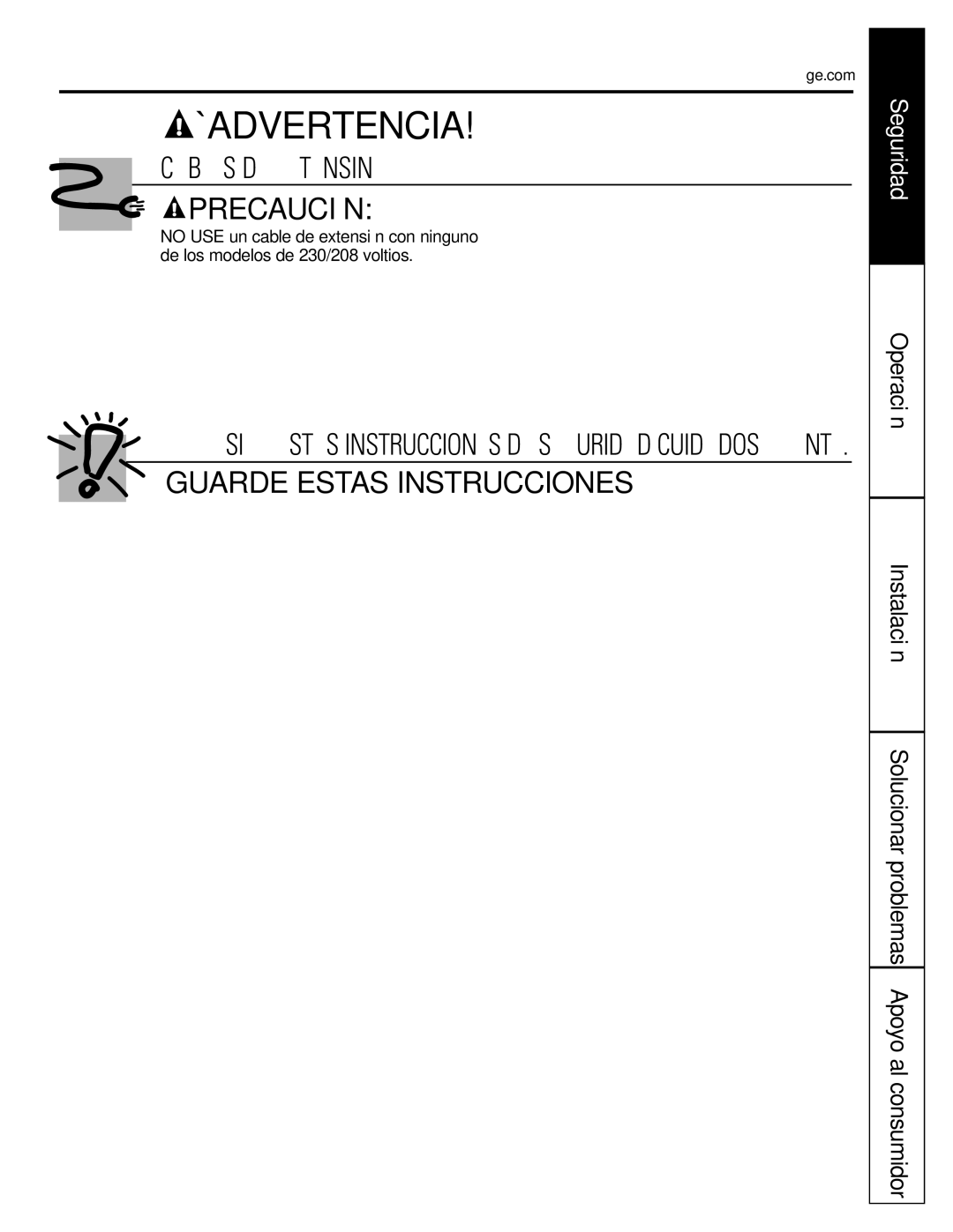 GE AGQ12DK installation instructions ¡Advertencia, Operación Instalación 