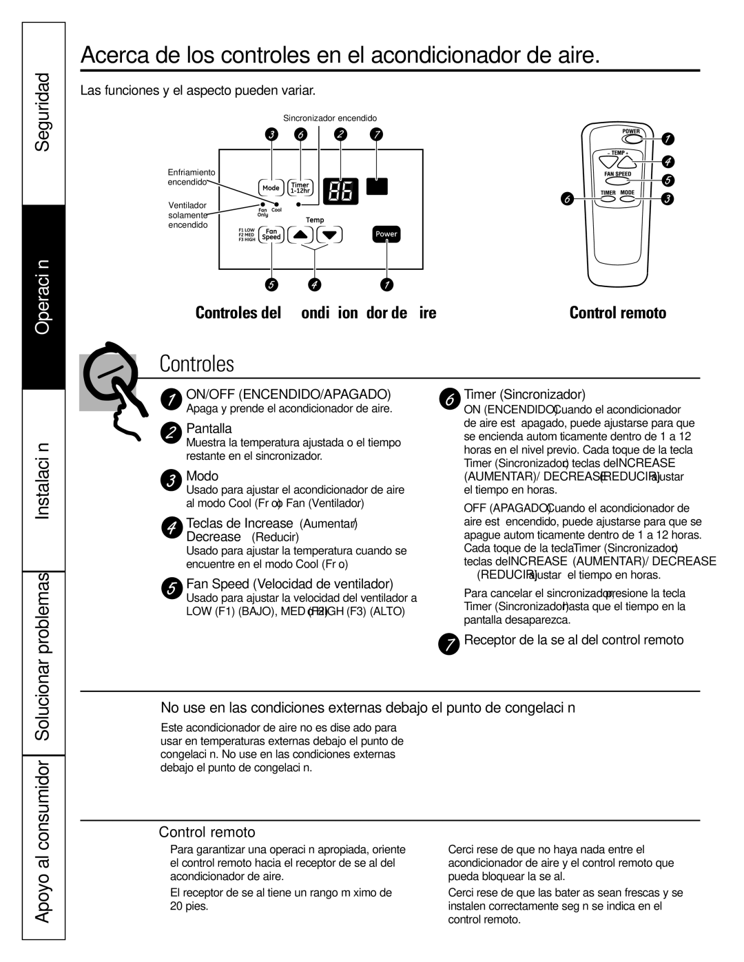 GE AGQ12DK Acerca de los controles en el acondicionador de aire, Seguridad, Problemas, Apoyo al, Control remoto 