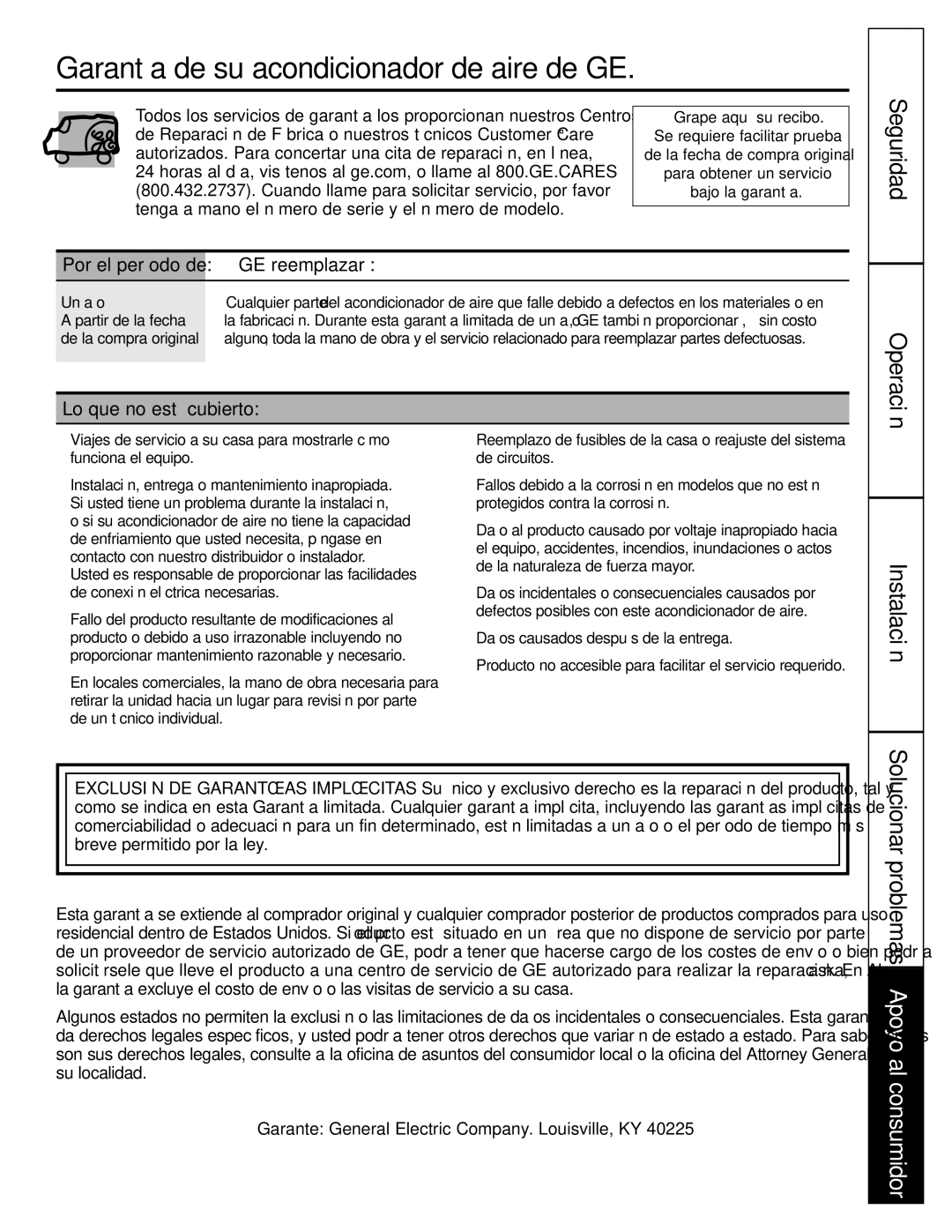 GE AGQ12DK Garantía de su acondicionador de aire de GE, GE reemplazará, Lo que no está cubierto, Un año 