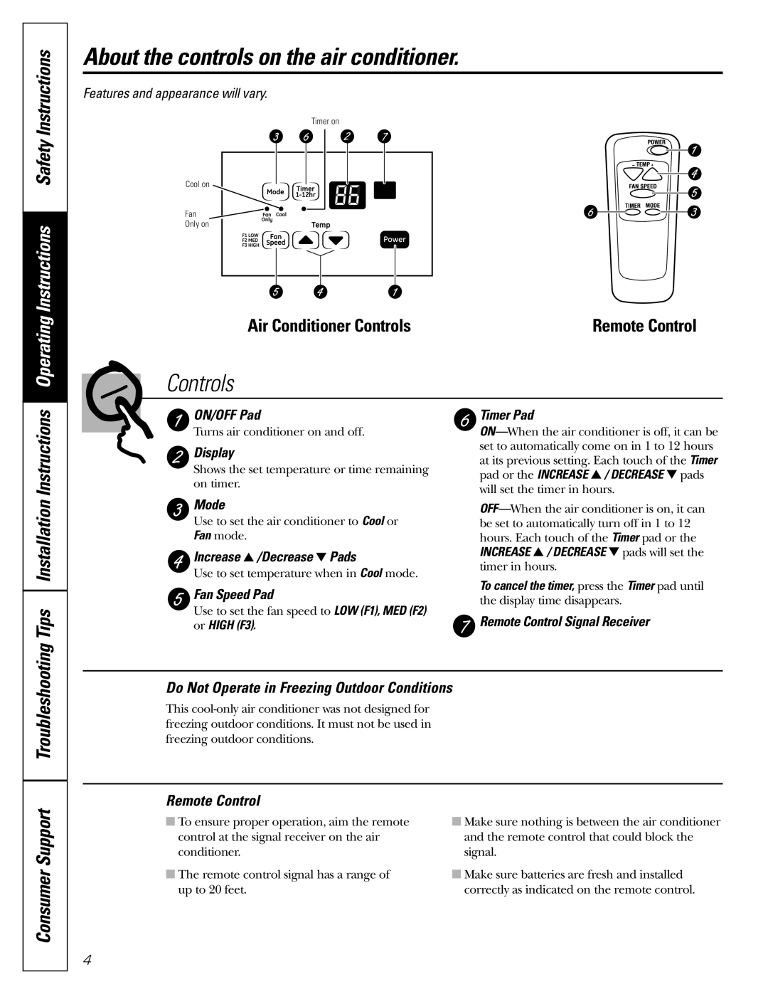 GE AGQ12DK About the controls on the air conditioner, Consumer Support, Do Not Operate in Freezing Outdoor Conditions 