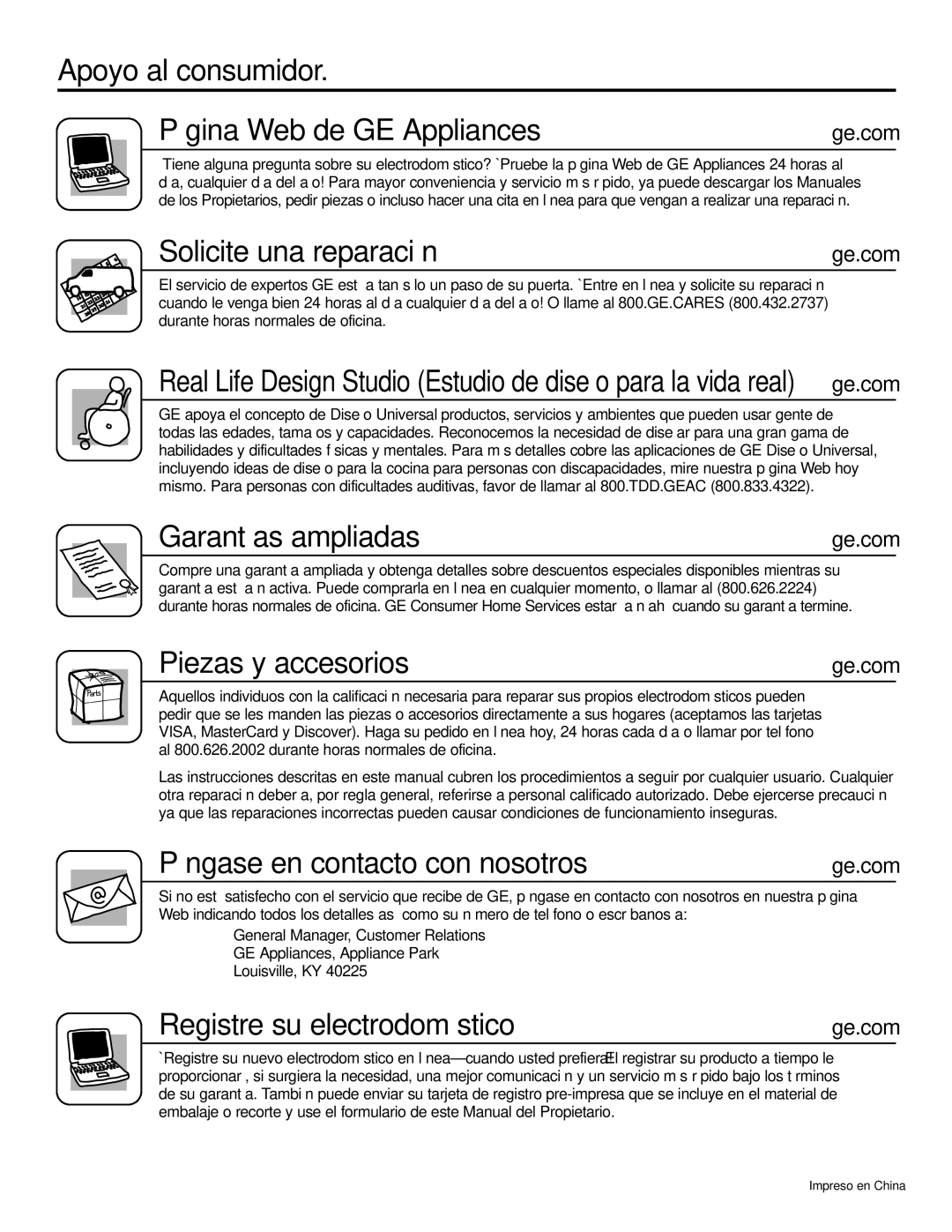 GE AGQ12DK Apoyo al consumidor Página Web de GE Appliances, Solicite una reparación, Garantías ampliadas 