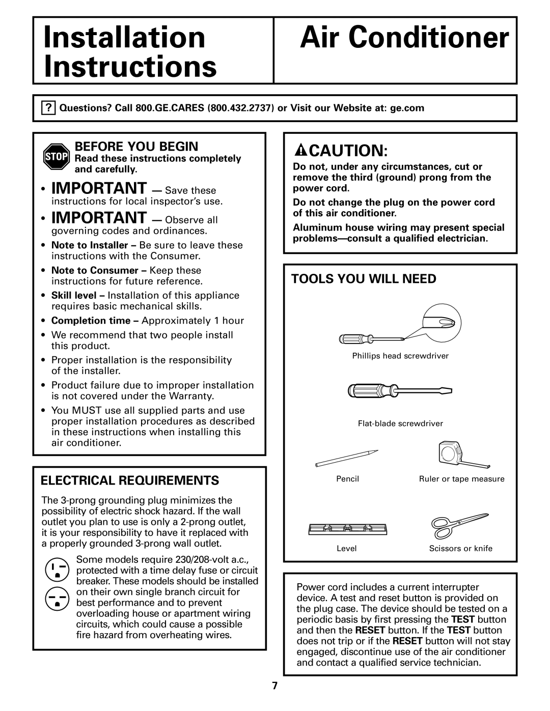 GE AGQ12DK installation instructions Before YOU Begin, Electrical Requirements, Tools YOU will Need 